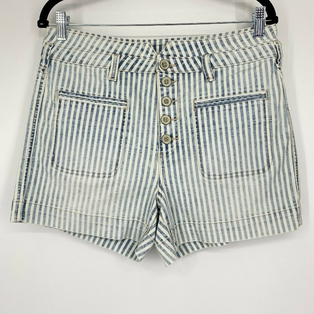 Pilcro High-Rise Slim Jean Shorts Women's 30 Stripe Button Fly Denim Blue White
